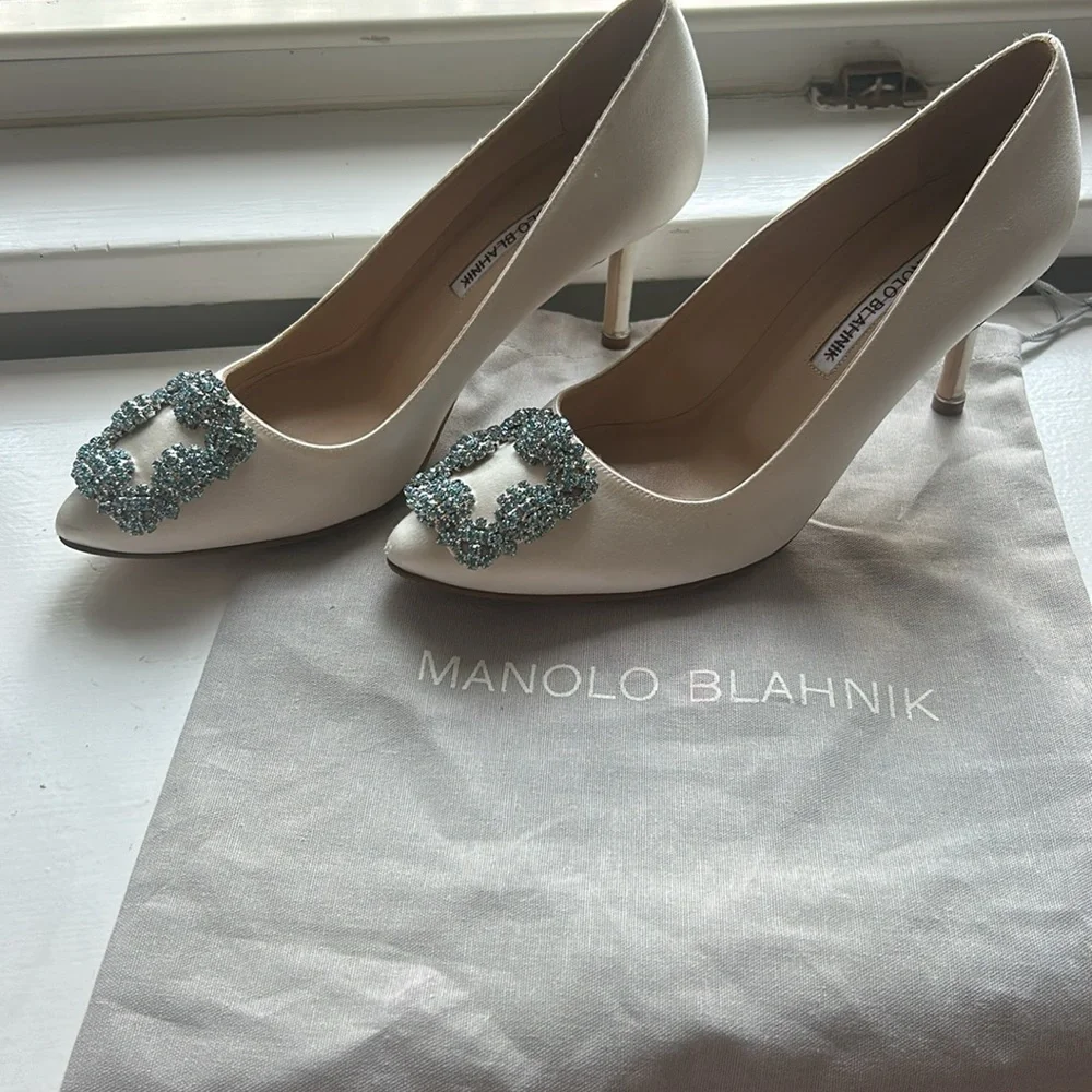 Manolo Blahnik White Satin Pump with Crystal Buckle